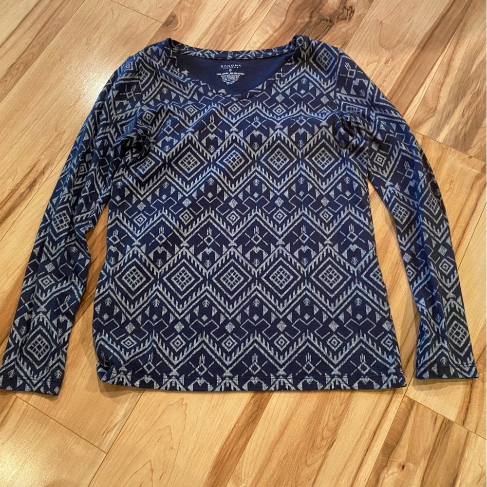 Sonoma Navy Geometric Long-Sleeve Women's Top—S